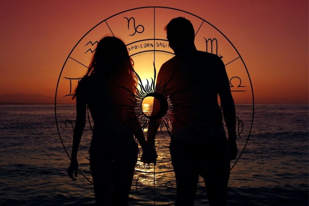 Couple walking in sunset and horoscope sign